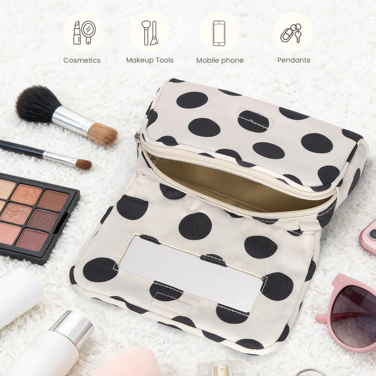Small Mirror Cosmetic Pouch + Medium Handheld Travel Makeup Bag (Polka Dot)