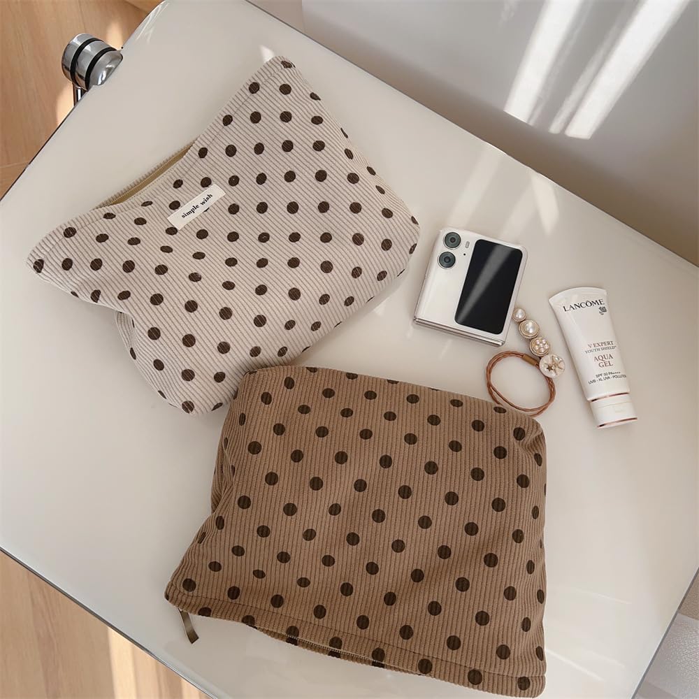 Sminra Polka Dot Corduroy Makeup Bag for Purse, Cosmetic Zipper Pouch Begie