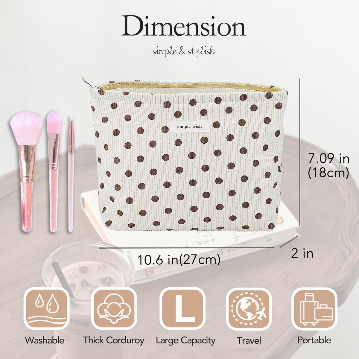 Sminra Polka Dot Corduroy Makeup Bag for Purse, Cosmetic Zipper Pouch Begie