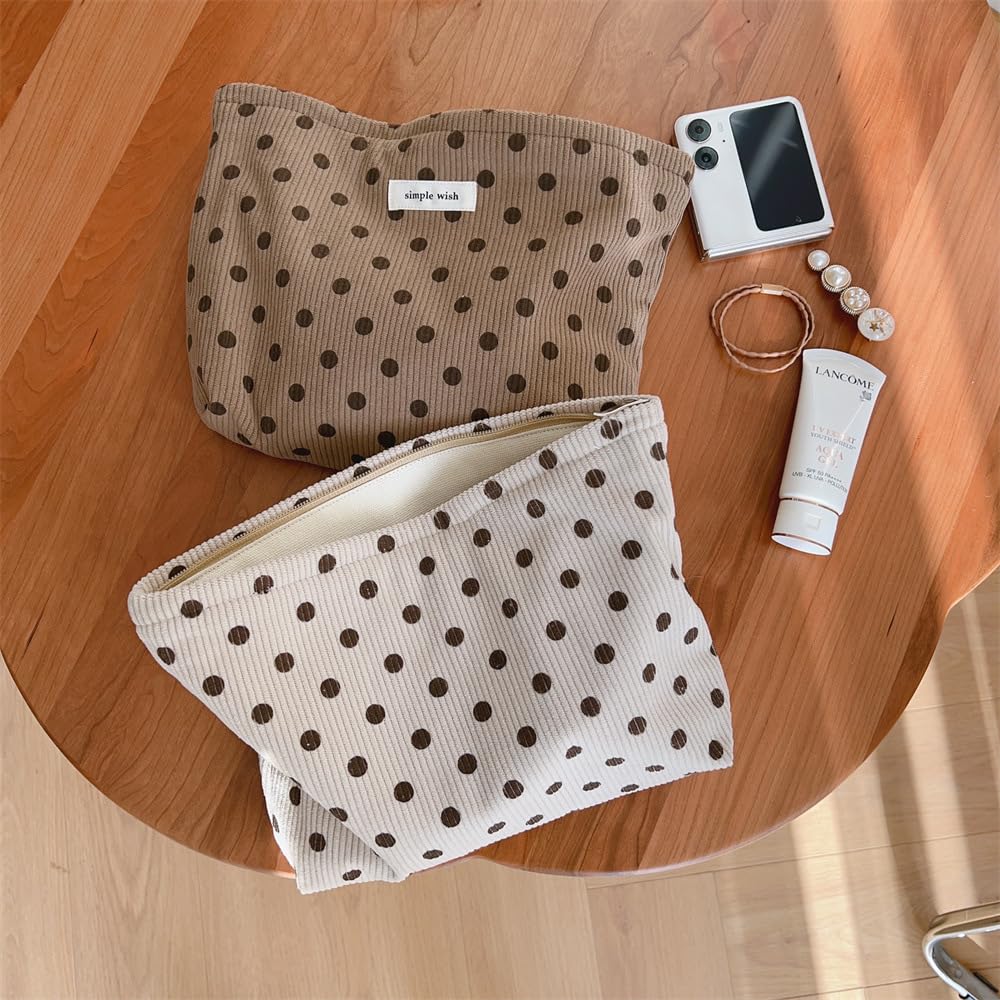 Sminra Polka Dot Corduroy Makeup Bag for Purse, Cosmetic Zipper Pouch Begie