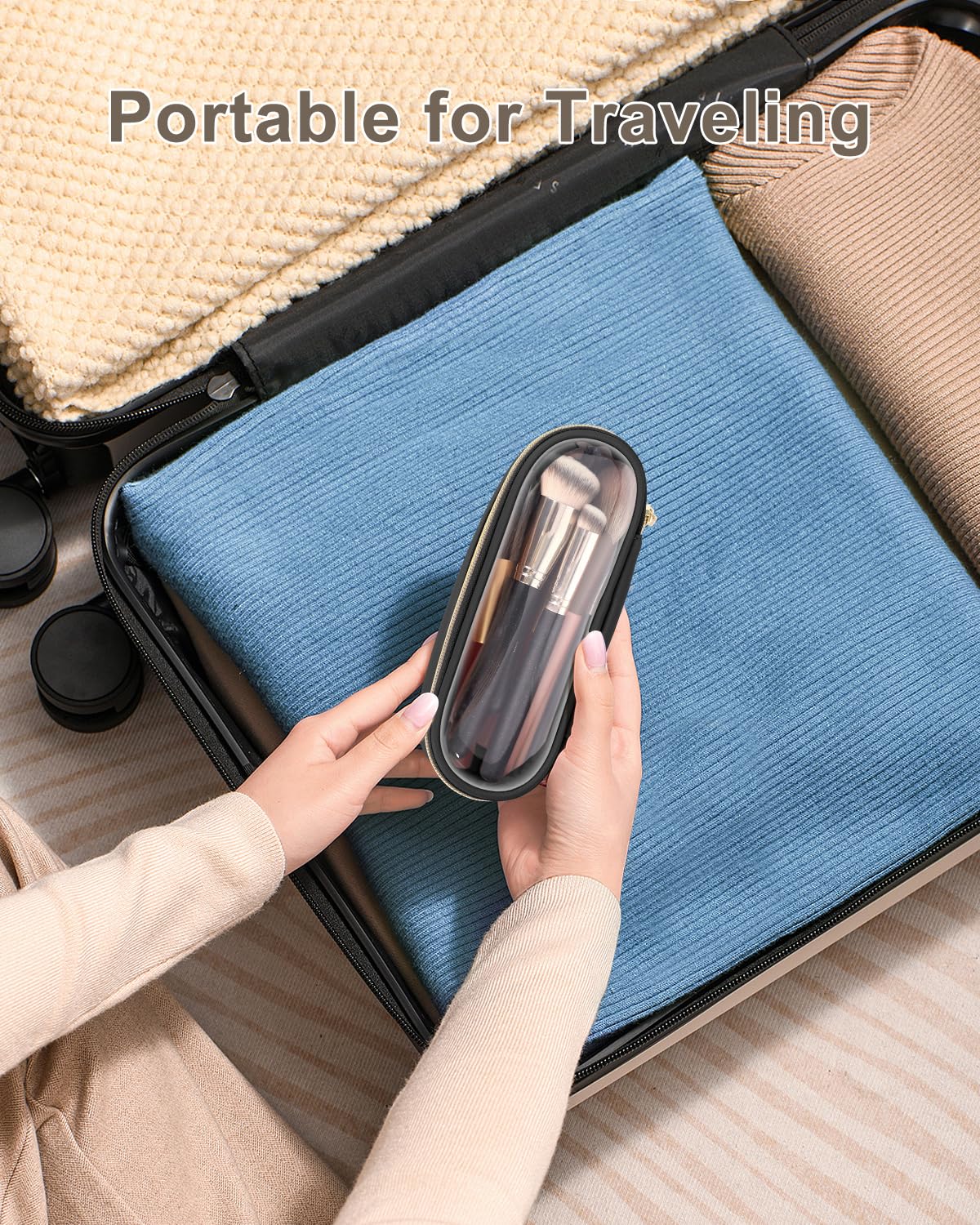 Soimeat Clear Travel Makeup Brush Holder, Leather Makeup Brush Toiletry Bag, Portable Cosmetic Brush Case, Transparent Waterproof Makeup Brush Storage Bag, Black
