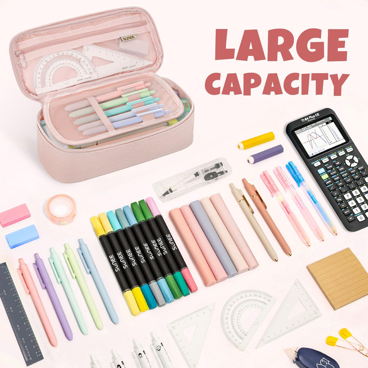 SUNEE Cute Pencil Case, Large Capacity Pencil Pouch, Big Storage Organizer for Stationery, Zipper Pen Bag, Back to School Supplies, Office Organizer Makeup Bag, for Teen Girl Boy Men Women, Pink