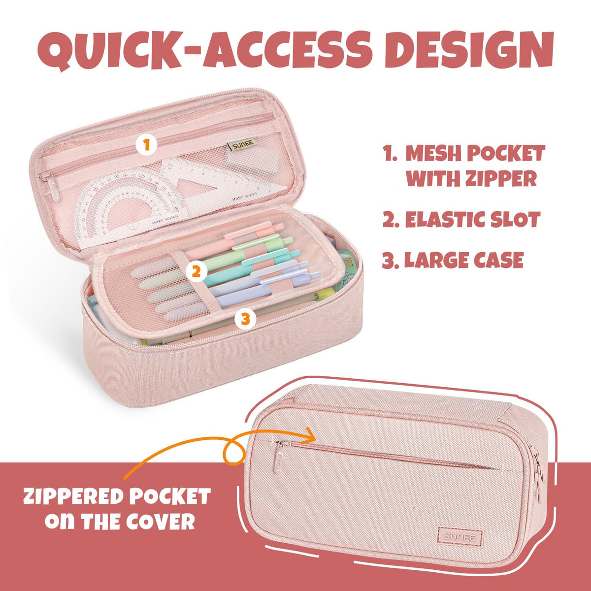 SUNEE Cute Pencil Case, Large Capacity Pencil Pouch, Big Storage Organizer for Stationery, Zipper Pen Bag, Back to School Supplies, Office Organizer Makeup Bag, for Teen Girl Boy Men Women, Pink
