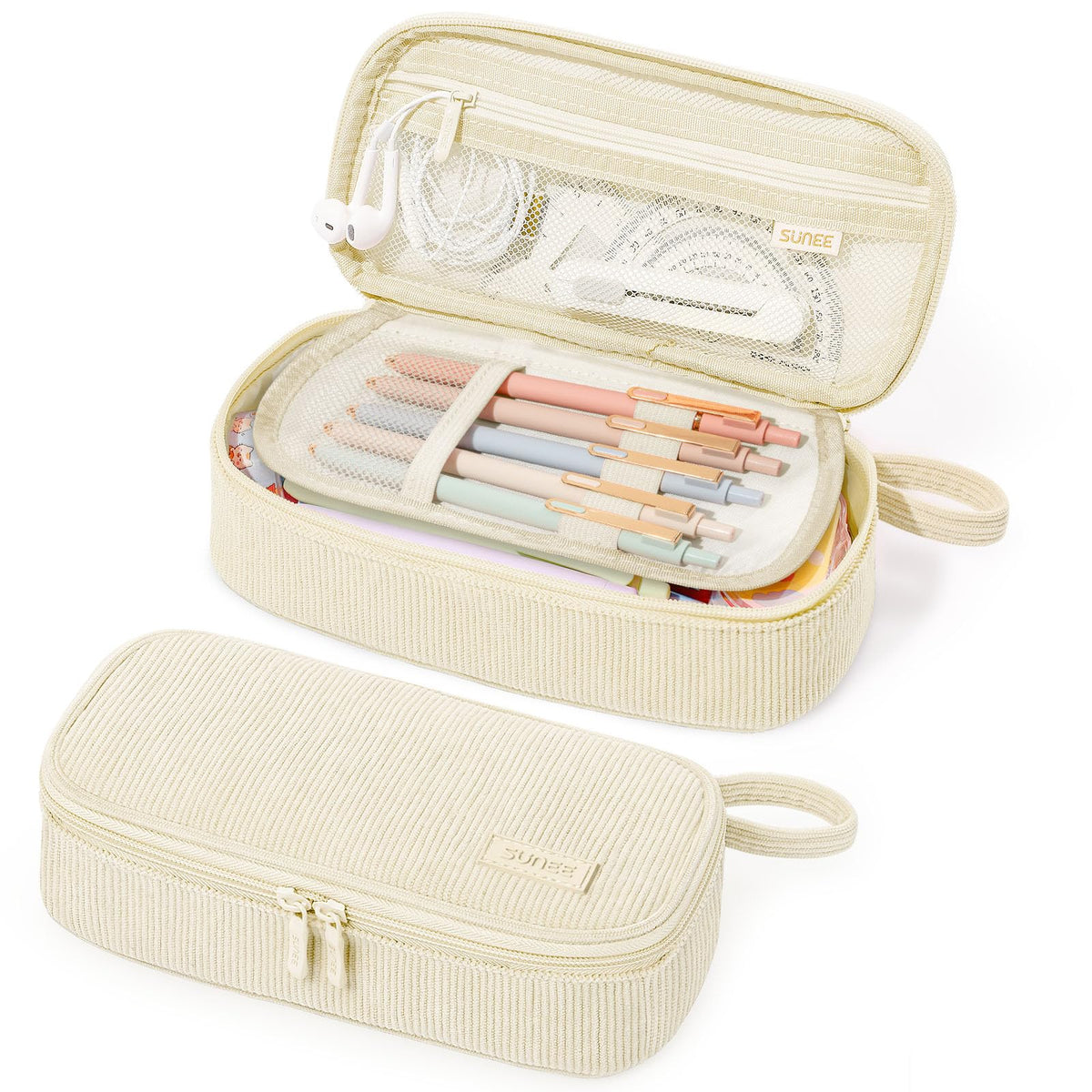 SUNEE Cute Pencil Case, Soft Corduroy Large Capacity Pencil Pouch, Aesthetic Zipper Pencil Bag, Big Storage Pen Organizer for Stationery, Pencil Box Back to School Supplies for Teen Girls Boys, Beige