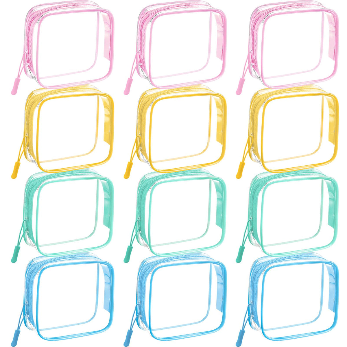 Sunnymove 12 Pcs Pastel Clear Cosmetic Makeup Bags with Zipper Tsa Approved Pouches Bulk for Travel Transparent PVC Waterproof Carry Pouches Organizer Case for Men Women