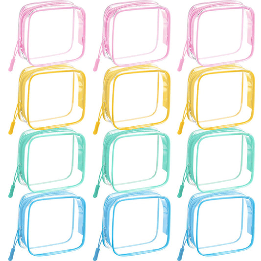 Sunnymove 12 Pcs Pastel Clear Cosmetic Makeup Bags with Zipper Tsa Approved Pouches Bulk for Travel Transparent PVC Waterproof Carry Pouches Organizer Case for Men Women