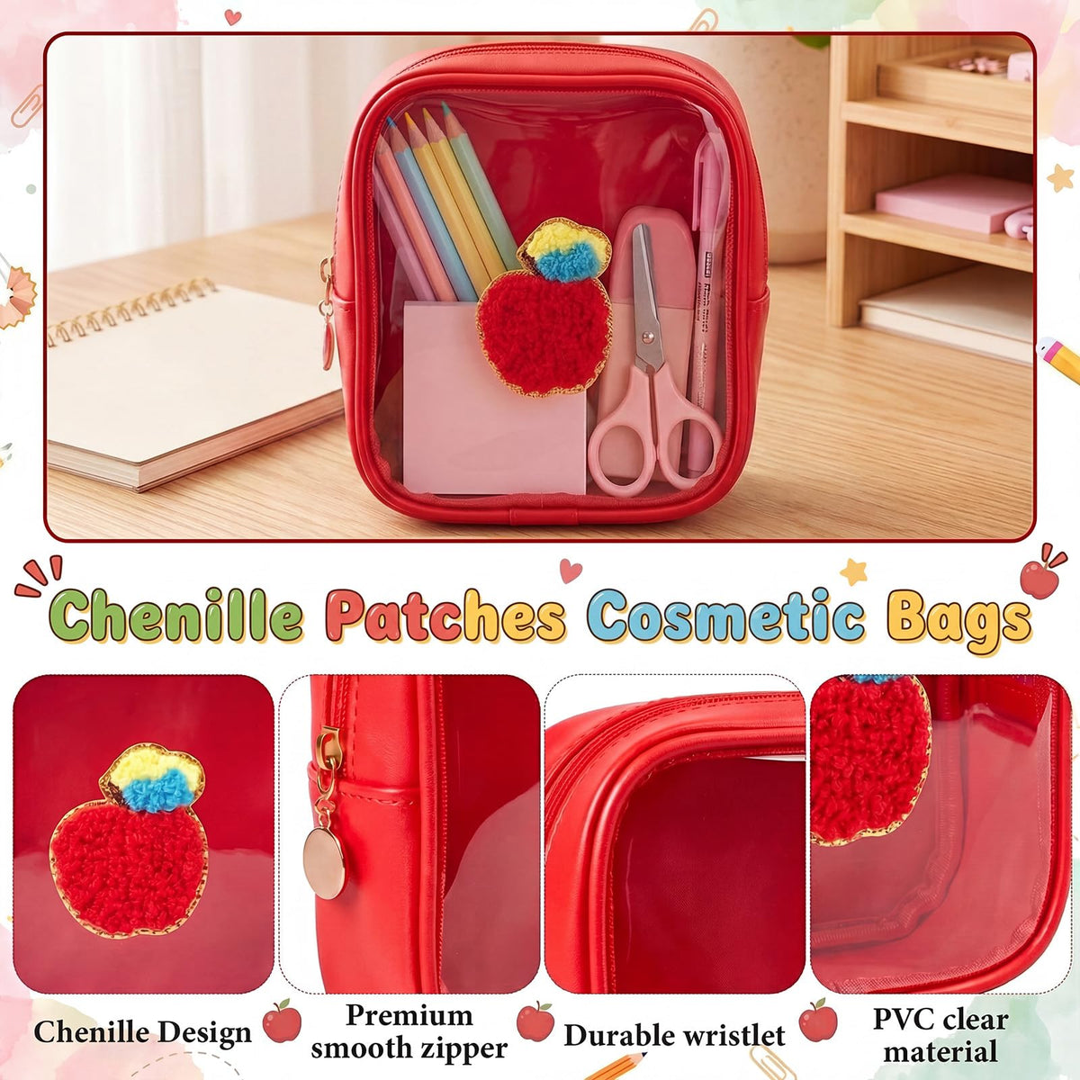 Sunnymove 6 Pcs Back to School Gifts for Teacher Mini Clear Makeup Bags with Zipper PVC Cosmetic Pouch Red Apple Makeup Bags Waterproof Pencil Pouch for Teacher Appreciation Gift