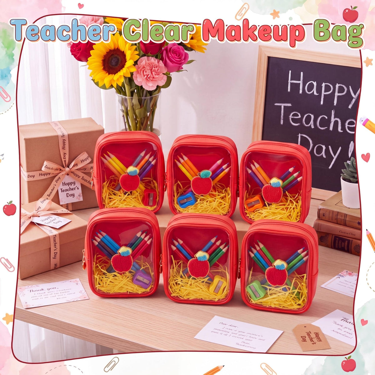 Sunnymove 6 Pcs Back to School Gifts for Teacher Mini Clear Makeup Bags with Zipper PVC Cosmetic Pouch Red Apple Makeup Bags Waterproof Pencil Pouch for Teacher Appreciation Gift