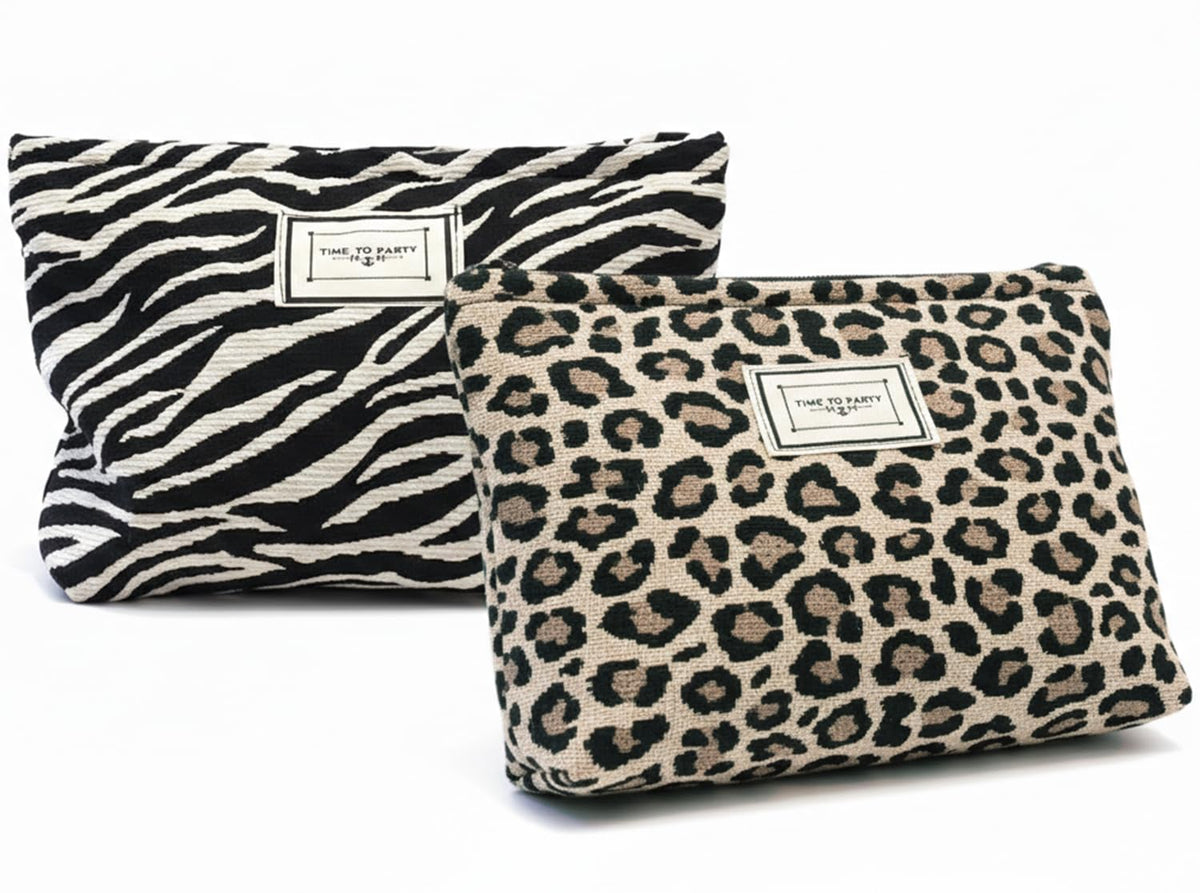 Sunolkie 2 Pack Makeup Bag for Women, Travel Cosmetic Pouch with Zebra print & Leopard print Design, Zipper Beauty Case, Toiletry Makeup Organizer for Women & Girls