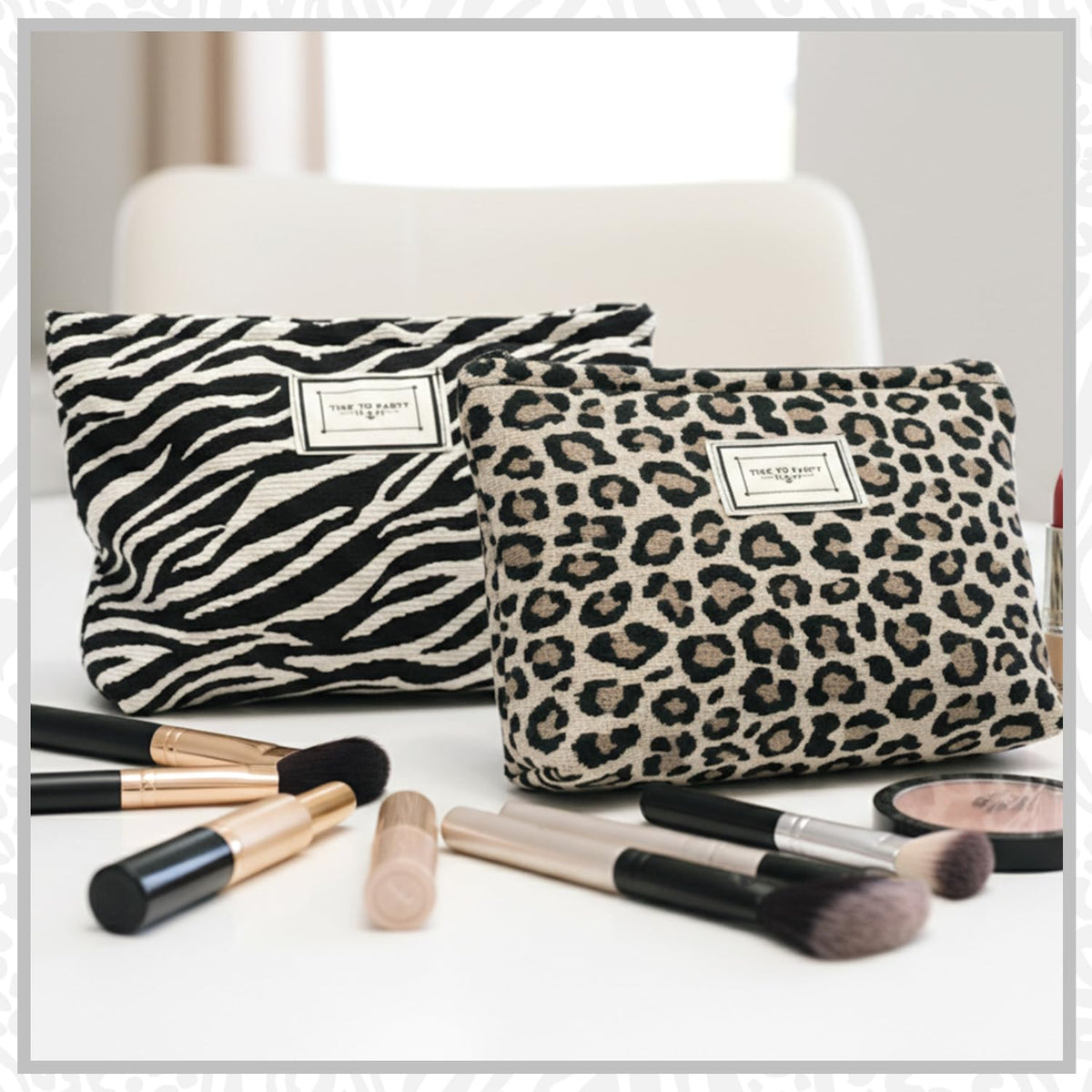 Sunolkie 2 Pack Makeup Bag for Women, Travel Cosmetic Pouch with Zebra print & Leopard print Design, Zipper Beauty Case, Toiletry Makeup Organizer for Women & Girls