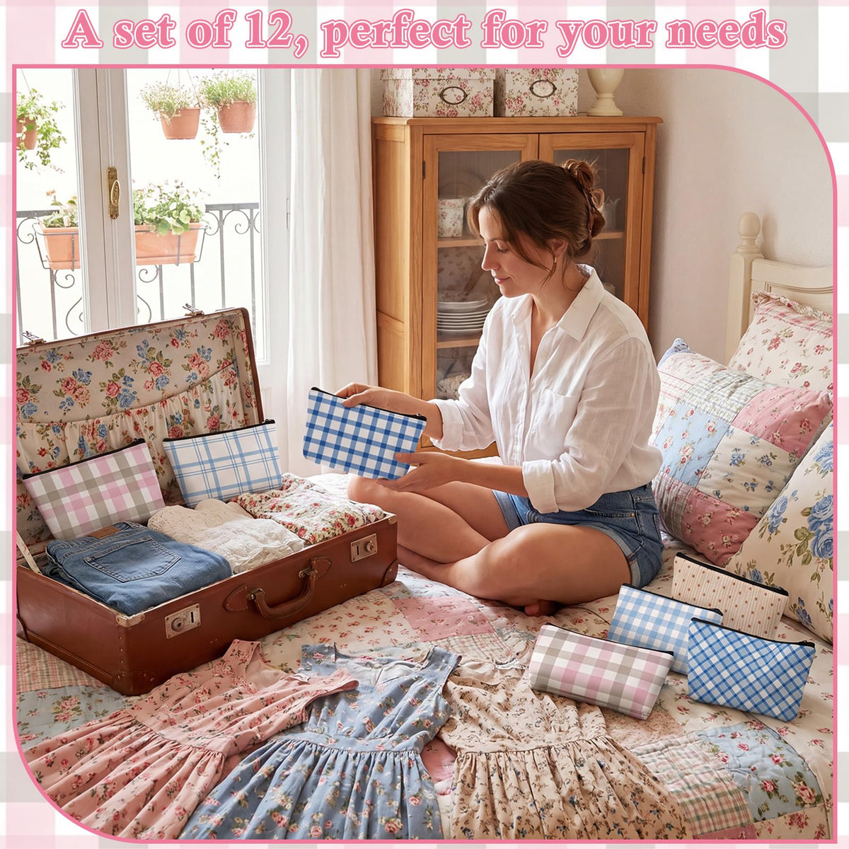 Sweetude 12 Pcs Pastel Plaid Makeup Bag Bulk Buffalo Plaid Portable Travel Cosmetic Bag with Zipper Preppy Checkered Waterproof Roomy Travel Toiletry Organizer Storage Beauty Pouch for Women Gifts