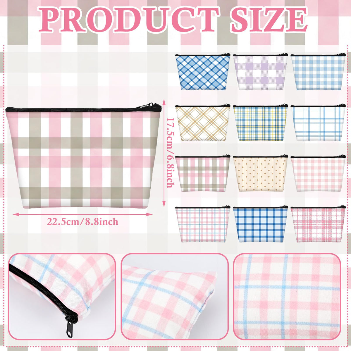 Sweetude 12 Pcs Pastel Plaid Makeup Bag Bulk Buffalo Plaid Portable Travel Cosmetic Bag with Zipper Preppy Checkered Waterproof Roomy Travel Toiletry Organizer Storage Beauty Pouch for Women Gifts