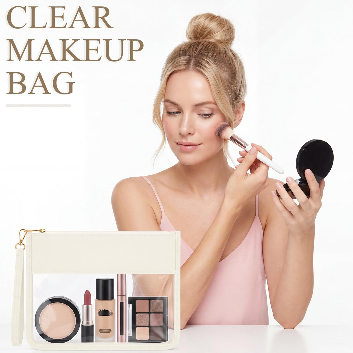 Sweetude 24 Pcs Clear Makeup Bags with Wristlet Pouch DIY Chenille Letter Bag Bulk Waterproof Toiletry Flat Preppy Nylon Clear Zipper Pouches Snack Organizer for Women (Cream White)