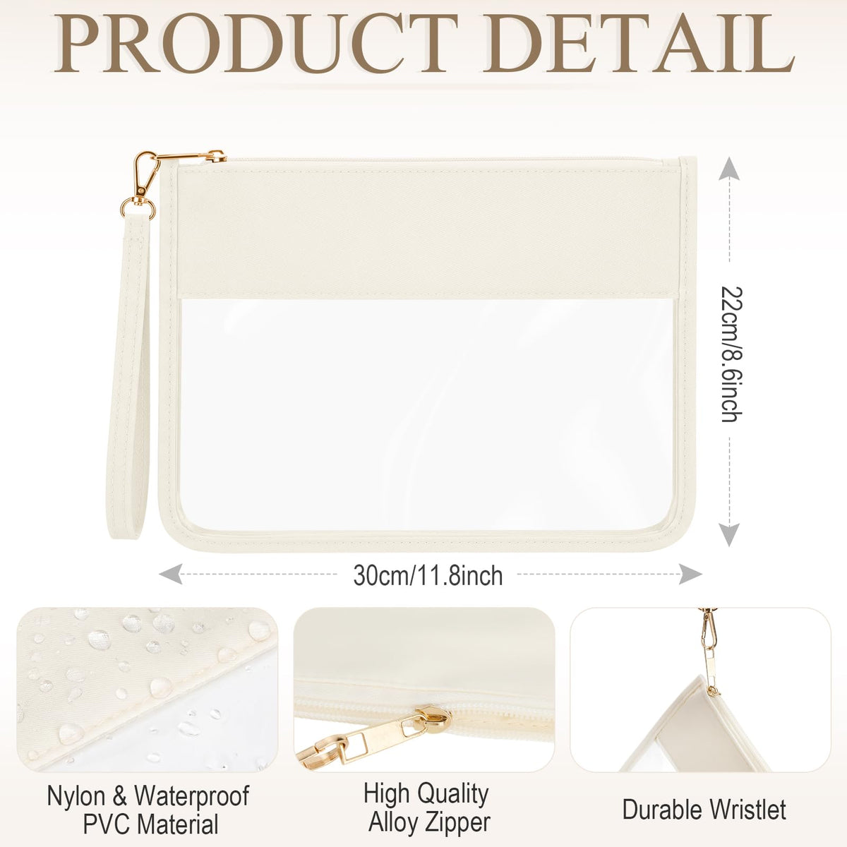Sweetude 24 Pcs Clear Makeup Bags with Wristlet Pouch DIY Chenille Letter Bag Bulk Waterproof Toiletry Flat Preppy Nylon Clear Zipper Pouches Snack Organizer for Women (Cream White)