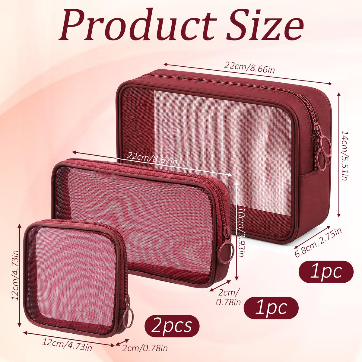 SynHHergyx 4 Pcs Purse Organizer Pouches Red Mesh Makeup Bag Cosmetic Bag