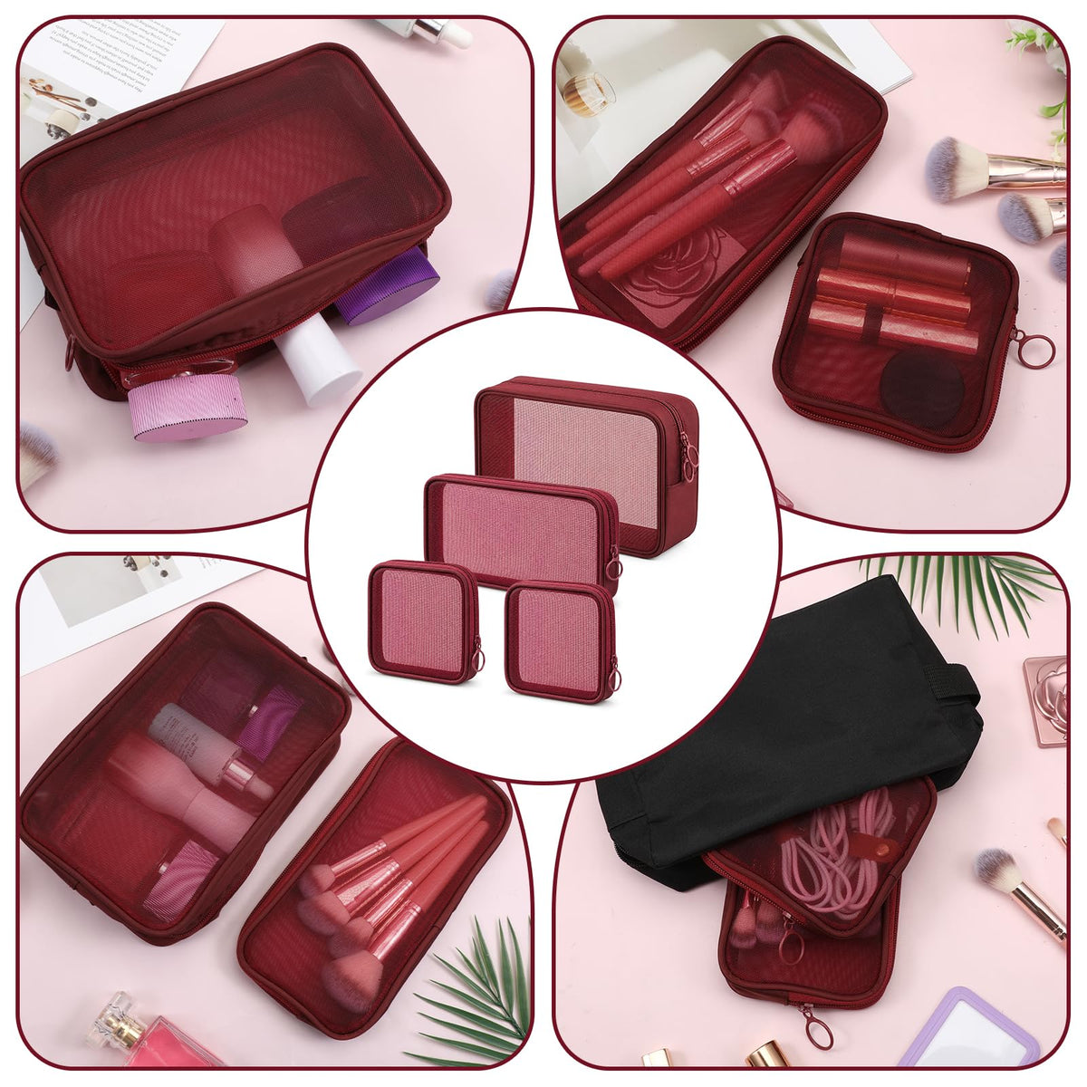 SynHHergyx 4 Pcs Purse Organizer Pouches Red Mesh Makeup Bag Cosmetic Bag