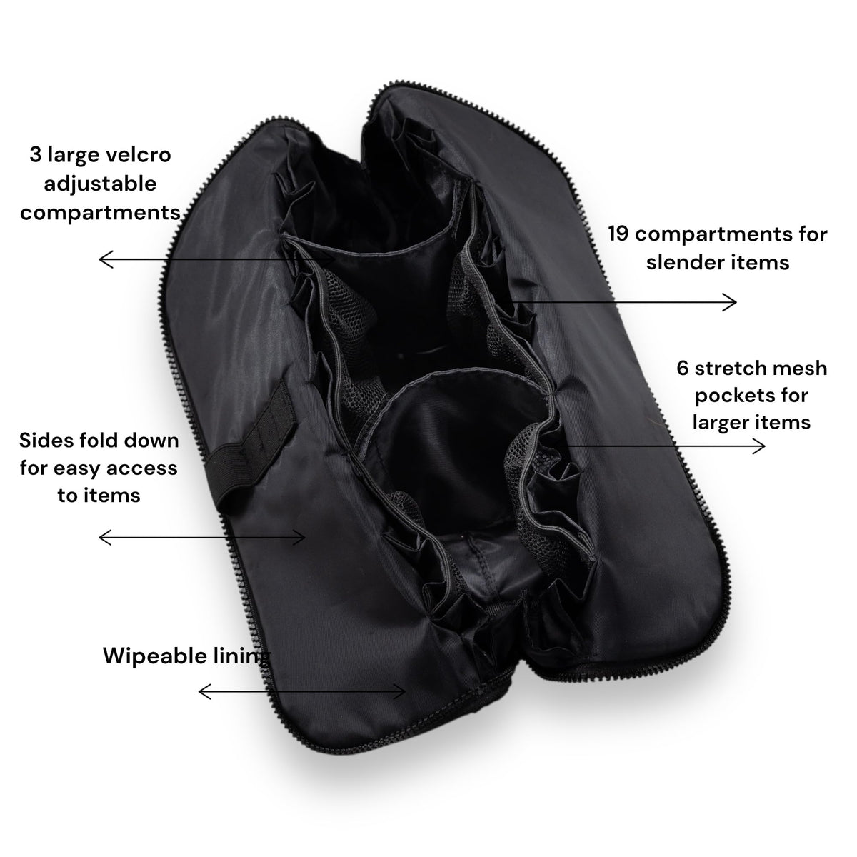 THE VERTI-Vertical Waterproof Makeup & Toiletry Bag | 23-Pocket Organizer with Upright, Fold-Down Design for Skincare, Toiletries & Essentials (Onyx)