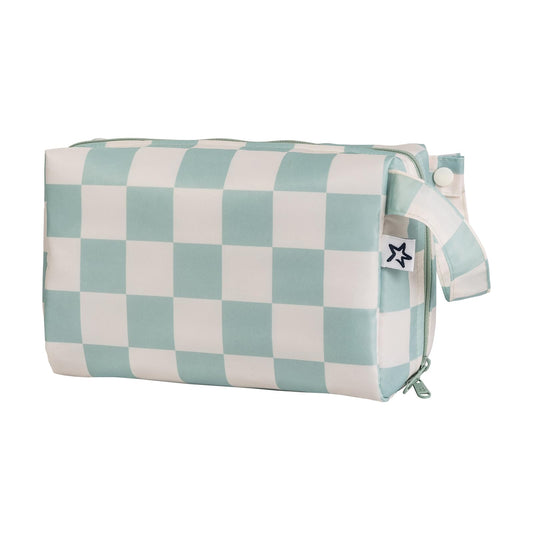 Tiny Twinkle Waterproof Travel Toiletry & Makeup Bag Organizer | Makeup Pouch with Multiple Compartments & Snap Handle for Travel | Gift for Women（Sage Checkers