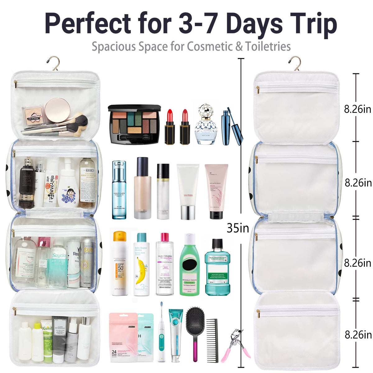 Toiletry bag for Women Hanging Travel Toiletry Bag for Toiletries Polka Dots Pattern Toilery Organizer with Hanging Hook Ideal for Full Sized Toiletries and Cosmetics