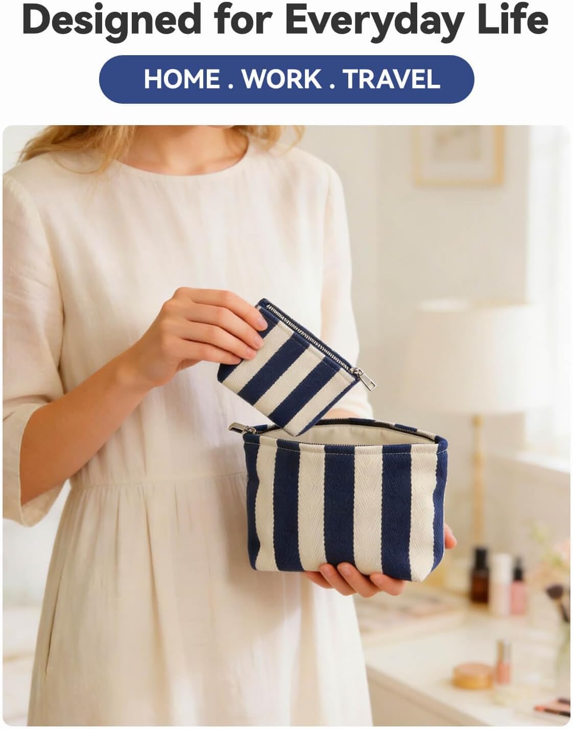 Travel Makeup Bag Set of 2, Preppy Jacquard Pouches for Purse , Navy Blue Striped Makeup Pouch with Smooth Zipper Soft Lining, for Cosmetic Car Organizer, Daily, Gifts, Portable Large & Small Toiletry