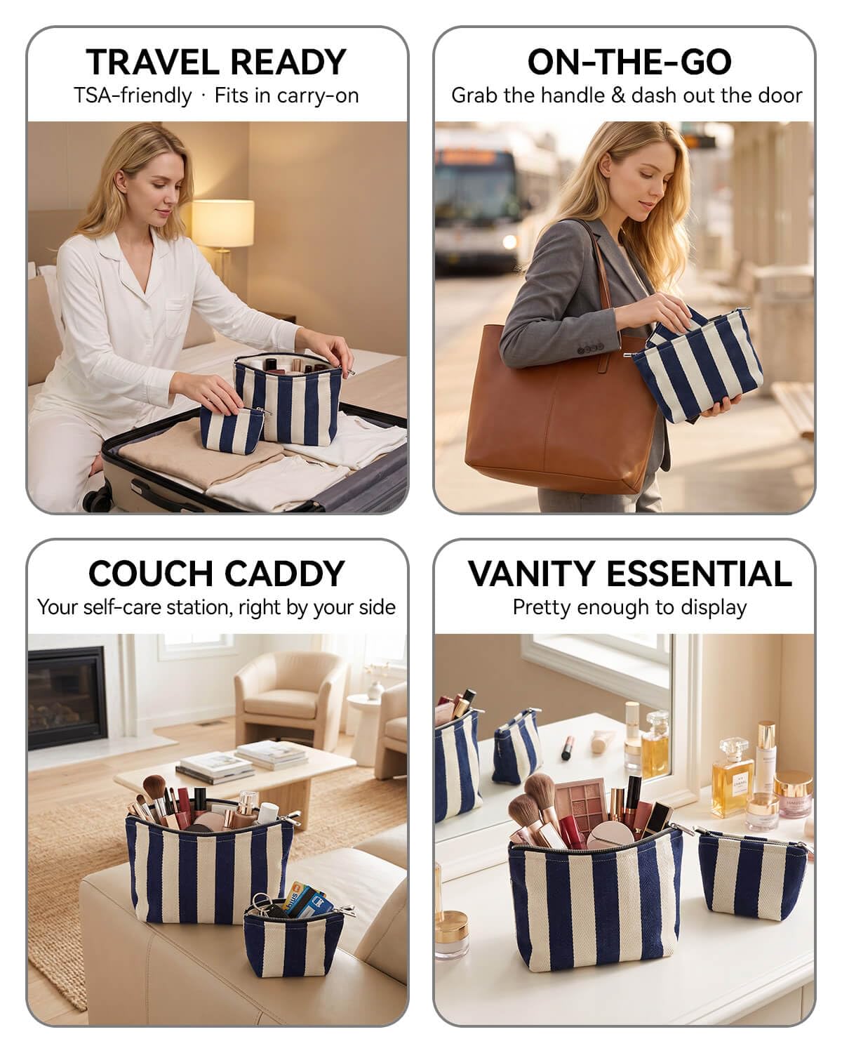 Travel Makeup Bag Set of 2, Preppy Jacquard Pouches for Purse , Navy Blue Striped Makeup Pouch with Smooth Zipper Soft Lining, for Cosmetic Car Organizer, Daily, Gifts, Portable Large & Small Toiletry