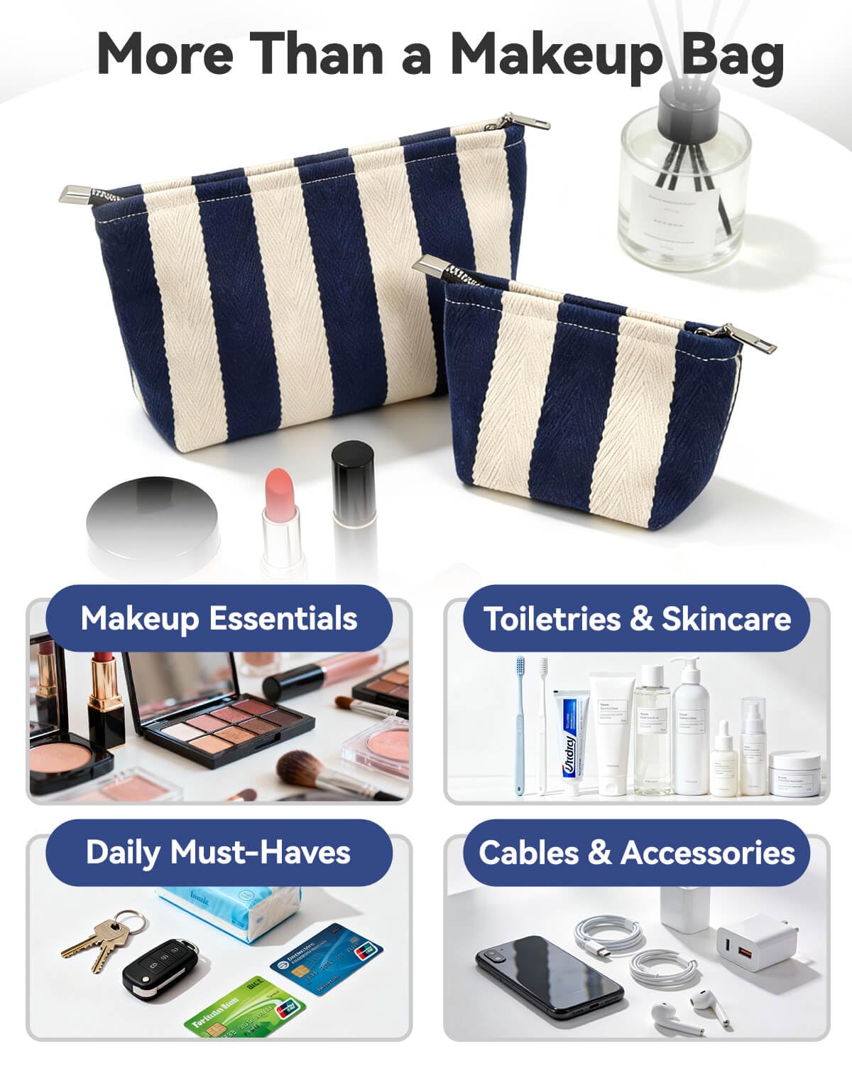 Travel Makeup Bag Set of 2, Preppy Jacquard Pouches for Purse , Navy Blue Striped Makeup Pouch with Smooth Zipper Soft Lining, for Cosmetic Car Organizer, Daily, Gifts, Portable Large & Small Toiletry