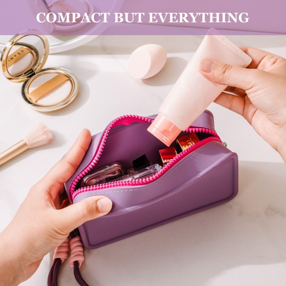 Travistar Silicone Travel Makeup Bag - Large Capacity Make Up Pouch Travel Makeup Organizer Bag Waterproof Toiletry Bag Portable Cosmetic Bag Small Womens Brush Holder Bag with Zipper Closure Purple