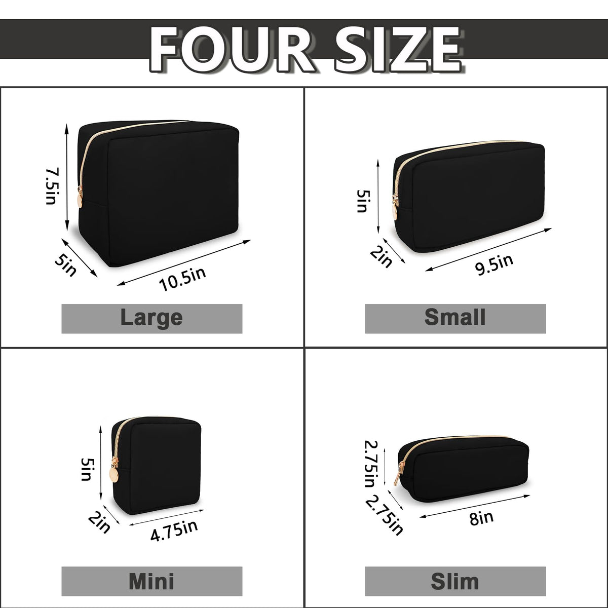 UIXIZQ Waterproof Mini Makeup Bag for Purse,Small Cosmetic Pouch Nylon Travel Toiletry Organizers Bag for Women Girls,Cute Zipper Preppy Coin Purse for Work(Mini-Black)