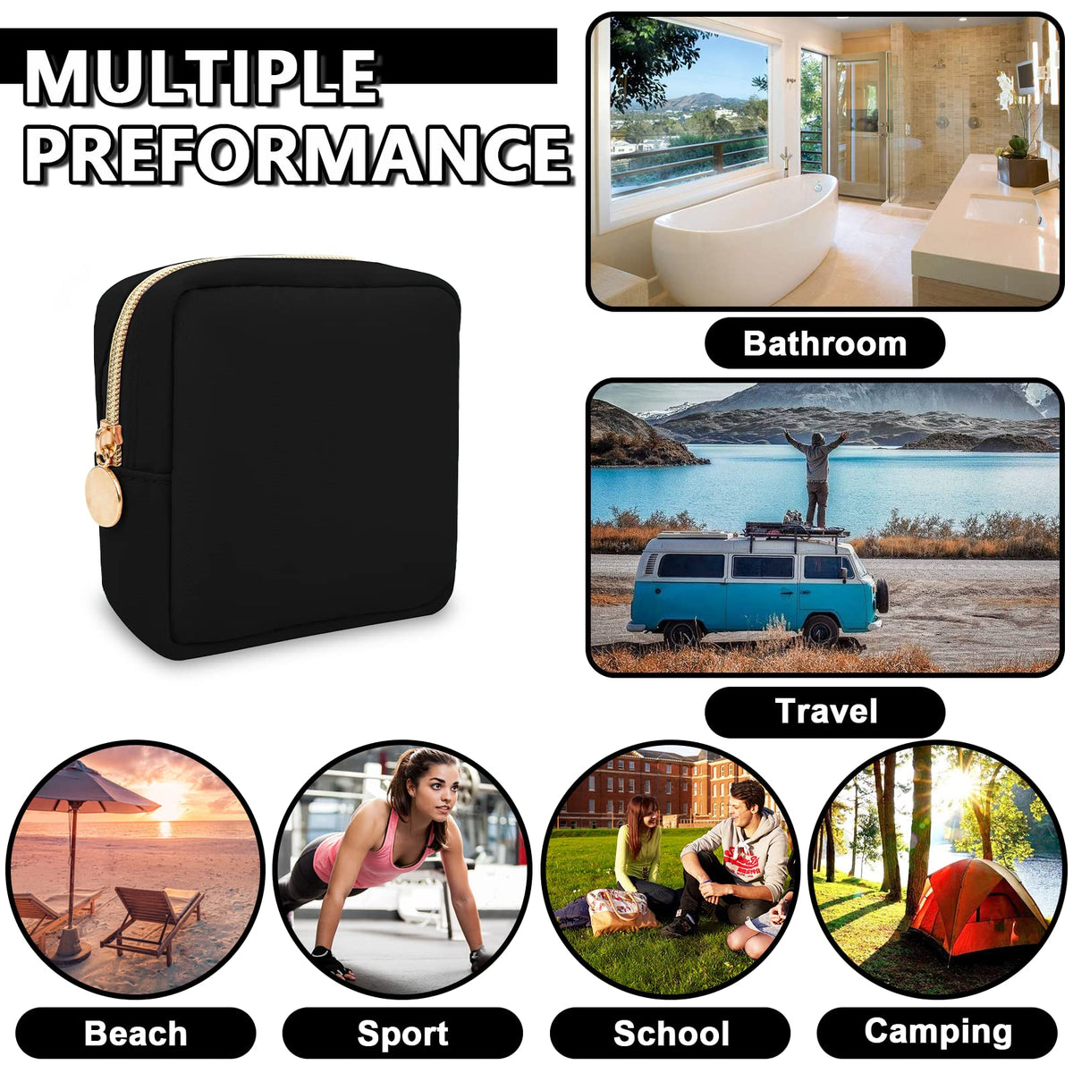 UIXIZQ Waterproof Mini Makeup Bag for Purse,Small Cosmetic Pouch Nylon Travel Toiletry Organizers Bag for Women Girls,Cute Zipper Preppy Coin Purse for Work(Mini-Black)