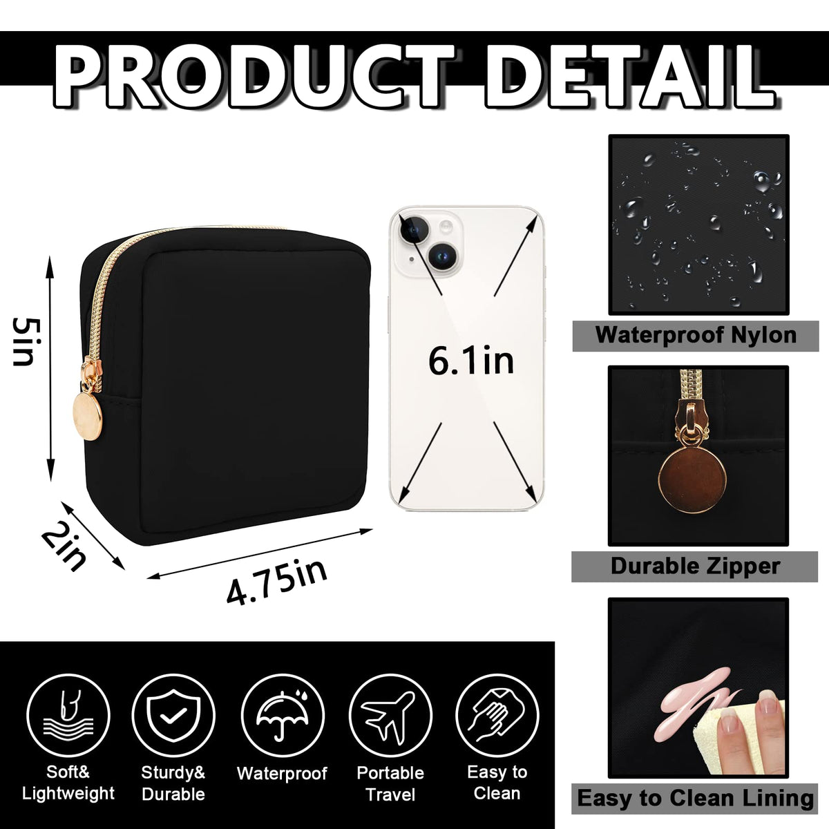 UIXIZQ Waterproof Mini Makeup Bag for Purse,Small Cosmetic Pouch Nylon Travel Toiletry Organizers Bag for Women Girls,Cute Zipper Preppy Coin Purse for Work(Mini-Black)