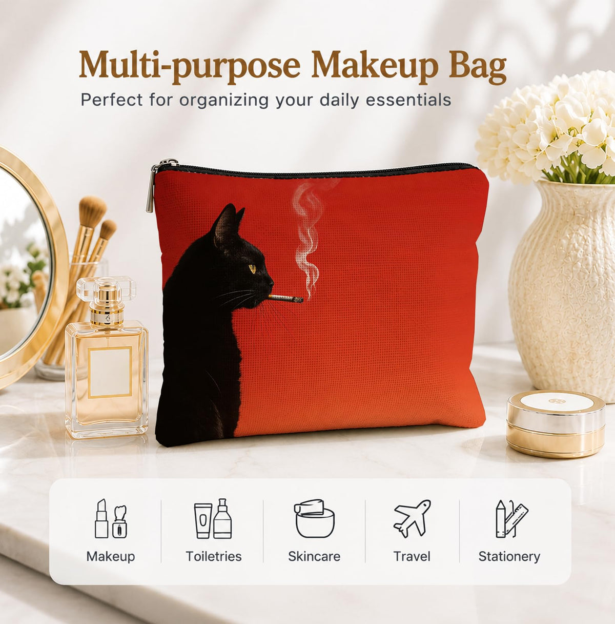 UNCDLV Funny Black Cat Makeup Bag Cosmetic for Women, Cat Lovers Gifts, Whimsical Quirky Smoking Black Kitten Portable Zipper Makeup Pouch Travel Toiletry Bags