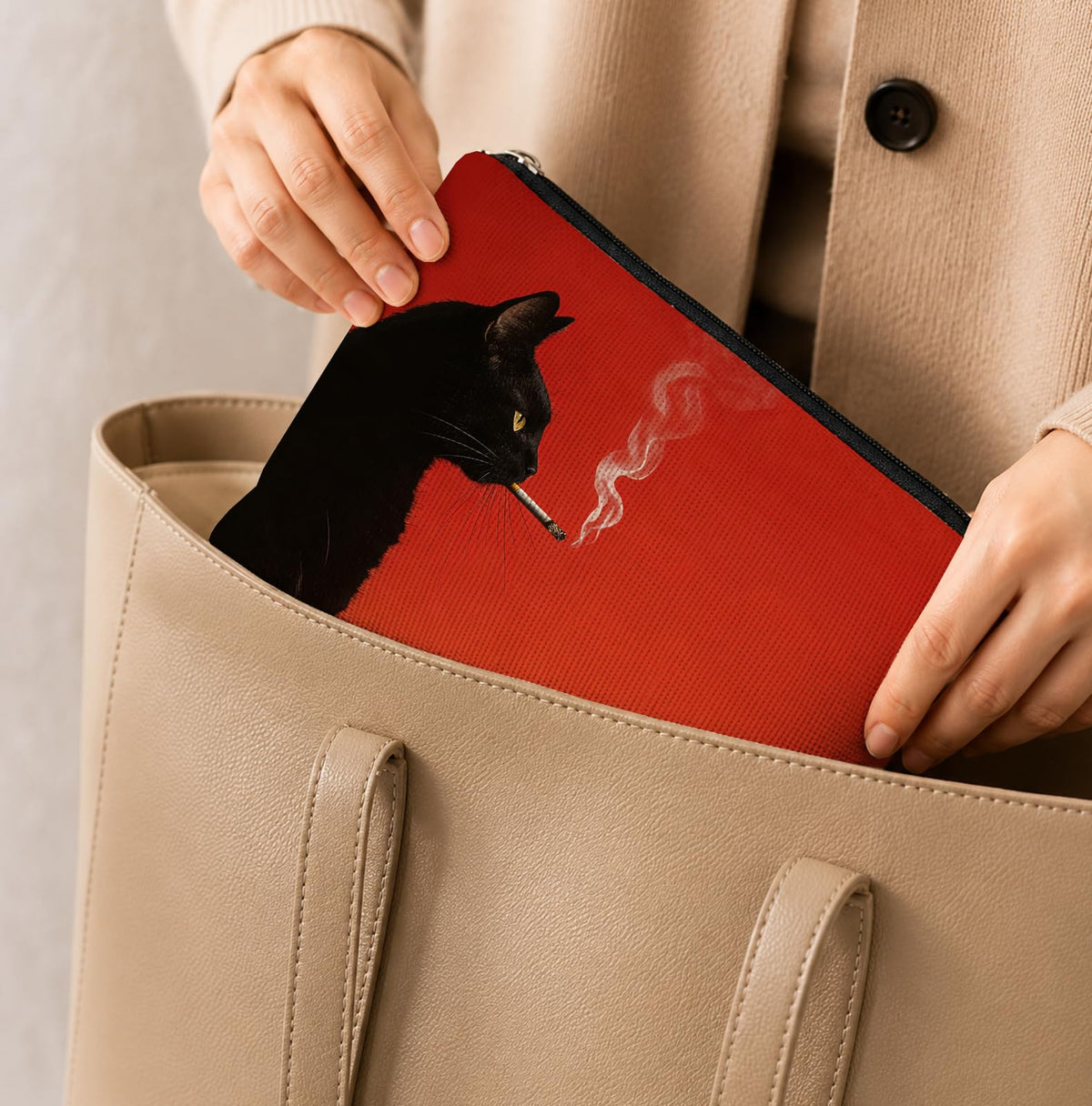UNCDLV Funny Black Cat Makeup Bag Cosmetic for Women, Cat Lovers Gifts, Whimsical Quirky Smoking Black Kitten Portable Zipper Makeup Pouch Travel Toiletry Bags