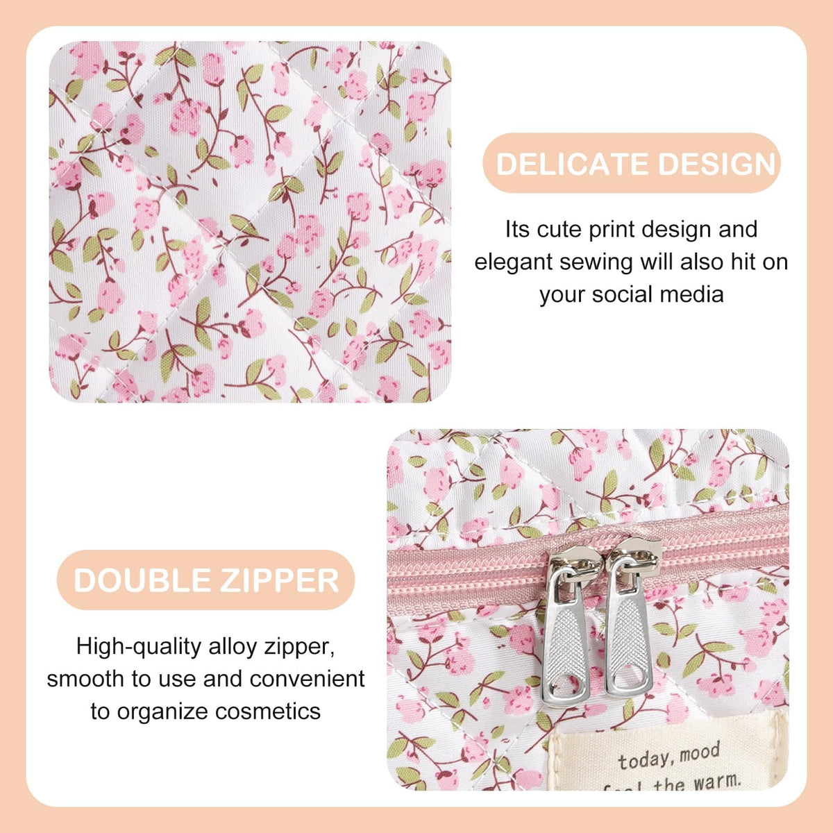 UUYUUY Makeup Bag for Women 3PCS Quilted Cotton Make Up Bag Travel Cosmetic Bag Large Makeup Bag Set Cute Makeups Organizer Floral Toiletry Pouch for Purse, Pink Floral D
