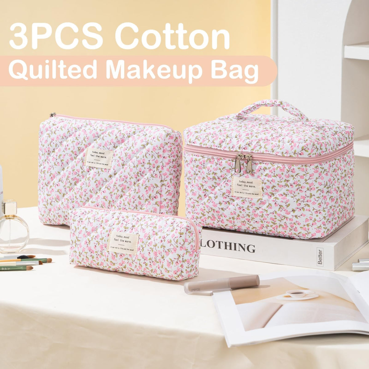 UUYUUY Makeup Bag for Women 3PCS Quilted Cotton Make Up Bag Travel Cosmetic Bag Large Makeup Bag Set Cute Makeups Organizer Floral Toiletry Pouch for Purse, Pink Floral D