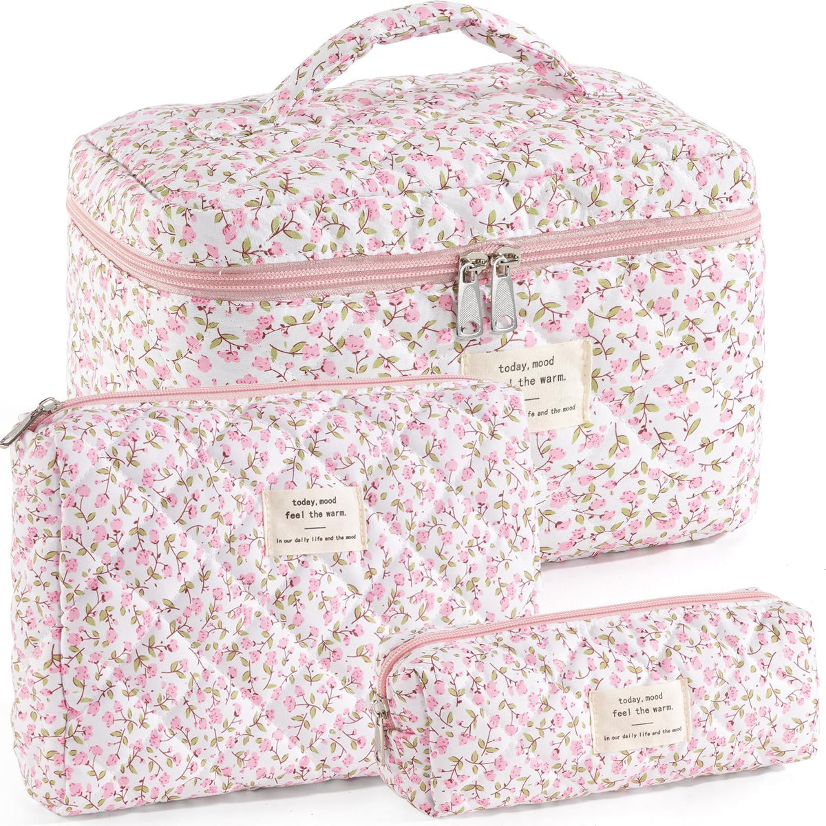 UUYUUY Makeup Bag for Women 3PCS Quilted Cotton Make Up Bag Travel Cosmetic Bag Large Makeup Bag Set Cute Makeups Organizer Floral Toiletry Pouch for Purse, Pink Floral D