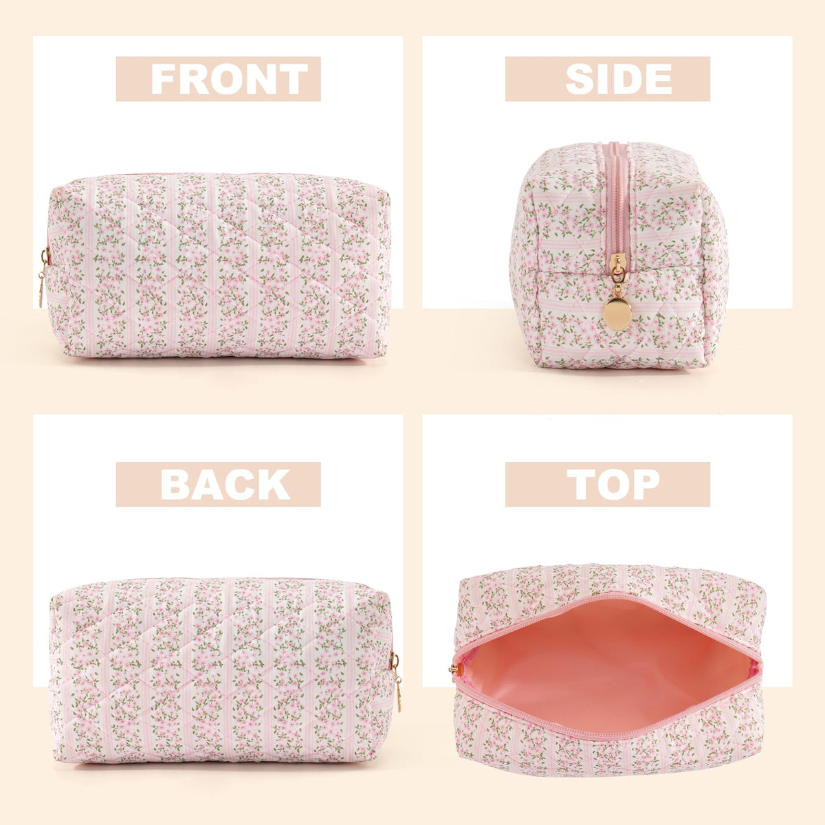 UUYUUY Makeup Bag Travel Toiletry Bag for Women, Small Cosmetic Bags Cute Quilted Cotton Makeup Pouch for Purse Emergency Bag Pencil Case Accessory Bag, Pastel Pink