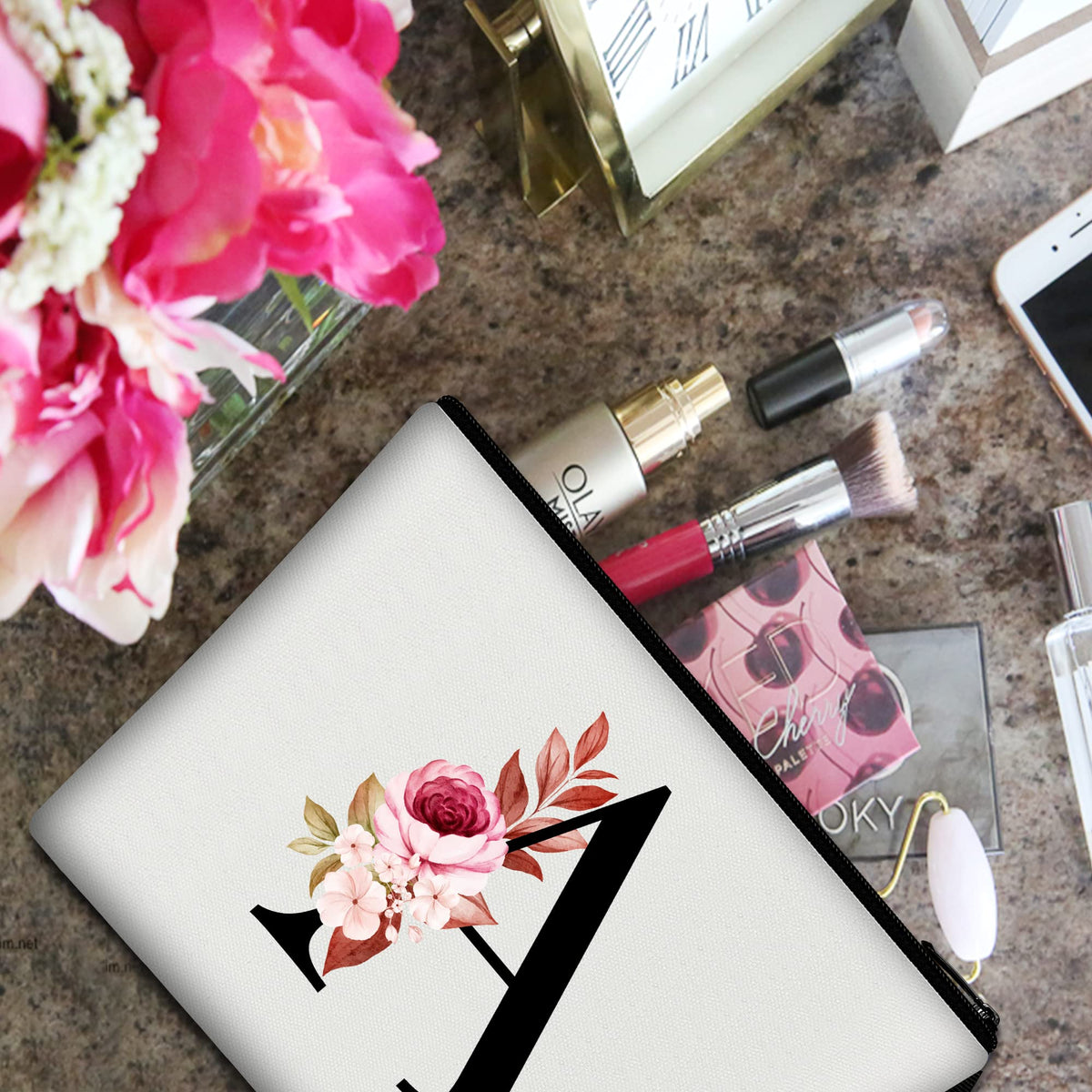 Vavabox A-Z Personalized Makeup Bag, Birthday Gifts for Women Mom, Gifts for Best Friend, Bride Bridesmaid Cosmetic bag (A, 01-White)
