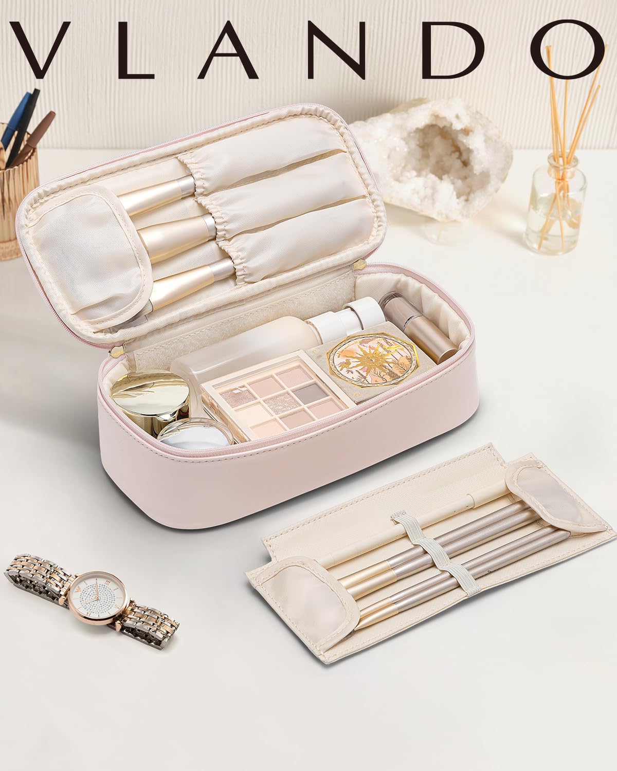VLANDO Makeup Bag for Toiletries with Separate Brush Storage,Apricot Pink