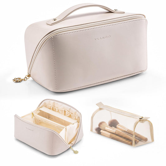 VLANDO Makeup Bag,Women Travel Toiletry Case,Carry Handle,Off White