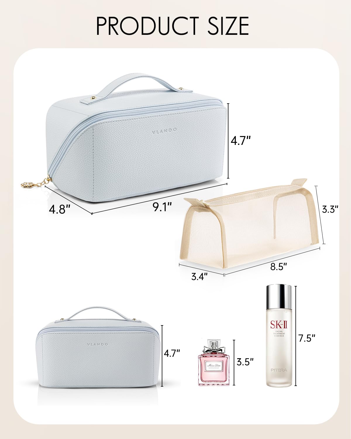VLANDO Makeup Travel Bag,Women Travel Toiletry Case,Carry Handle,Baby Blue