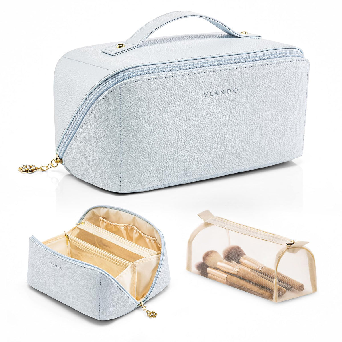 VLANDO Makeup Travel Bag,Women Travel Toiletry Case,Carry Handle,Baby Blue