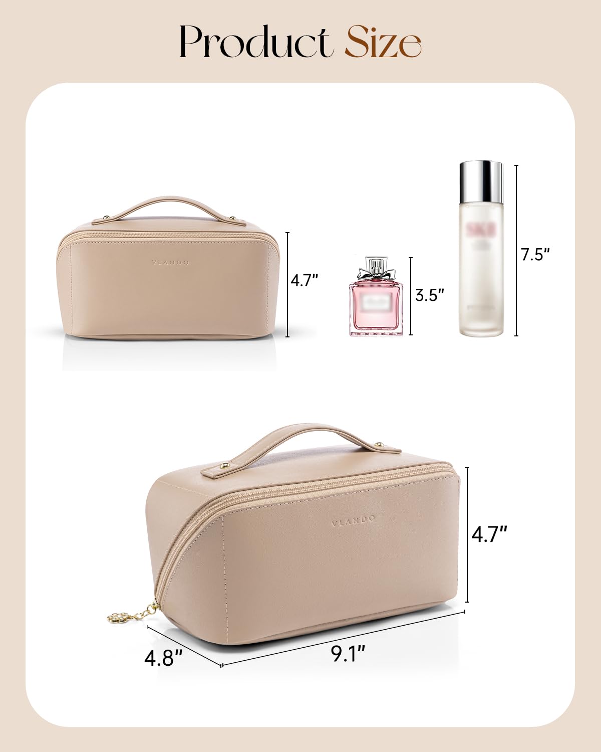 VLANDO Travel Makeup Bag with 180°Opening, Women Toiletry Case,Toffee