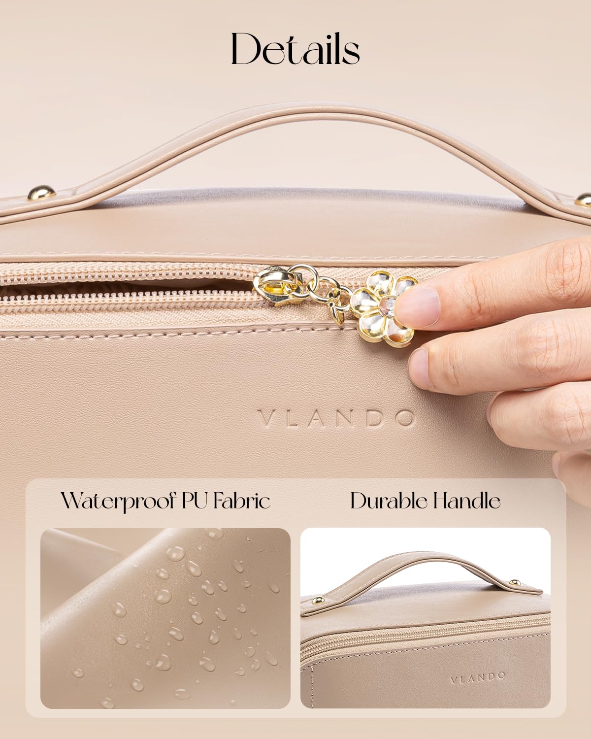 VLANDO Travel Makeup Bag with 180°Opening, Women Toiletry Case,Toffee