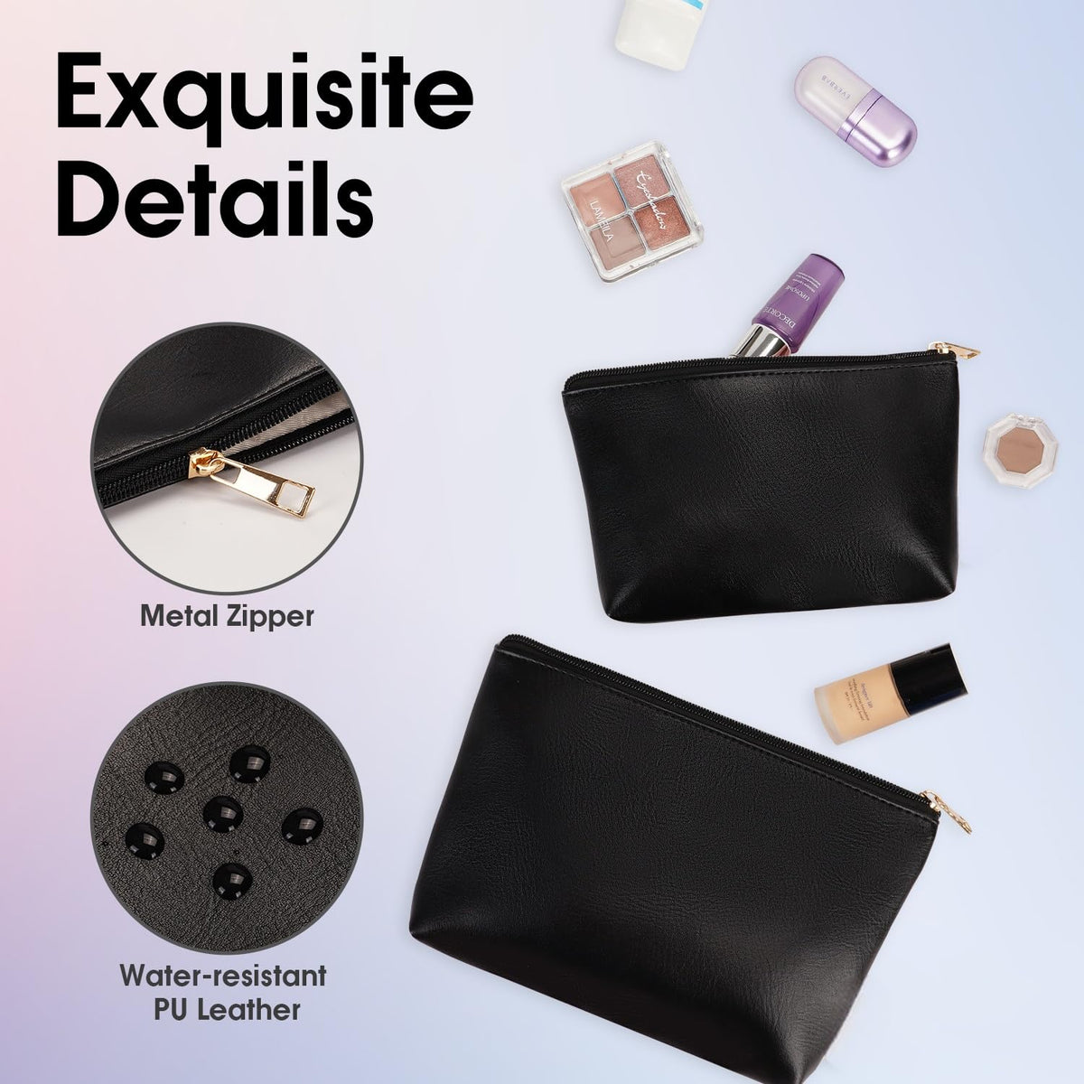 Wandering Nature Makeup Bag Small Cosmetic Bag for Purse 2 Pack Small Make Up Pouch Vegan Leather Cute Travel Pouch with Zipper for Women, Black