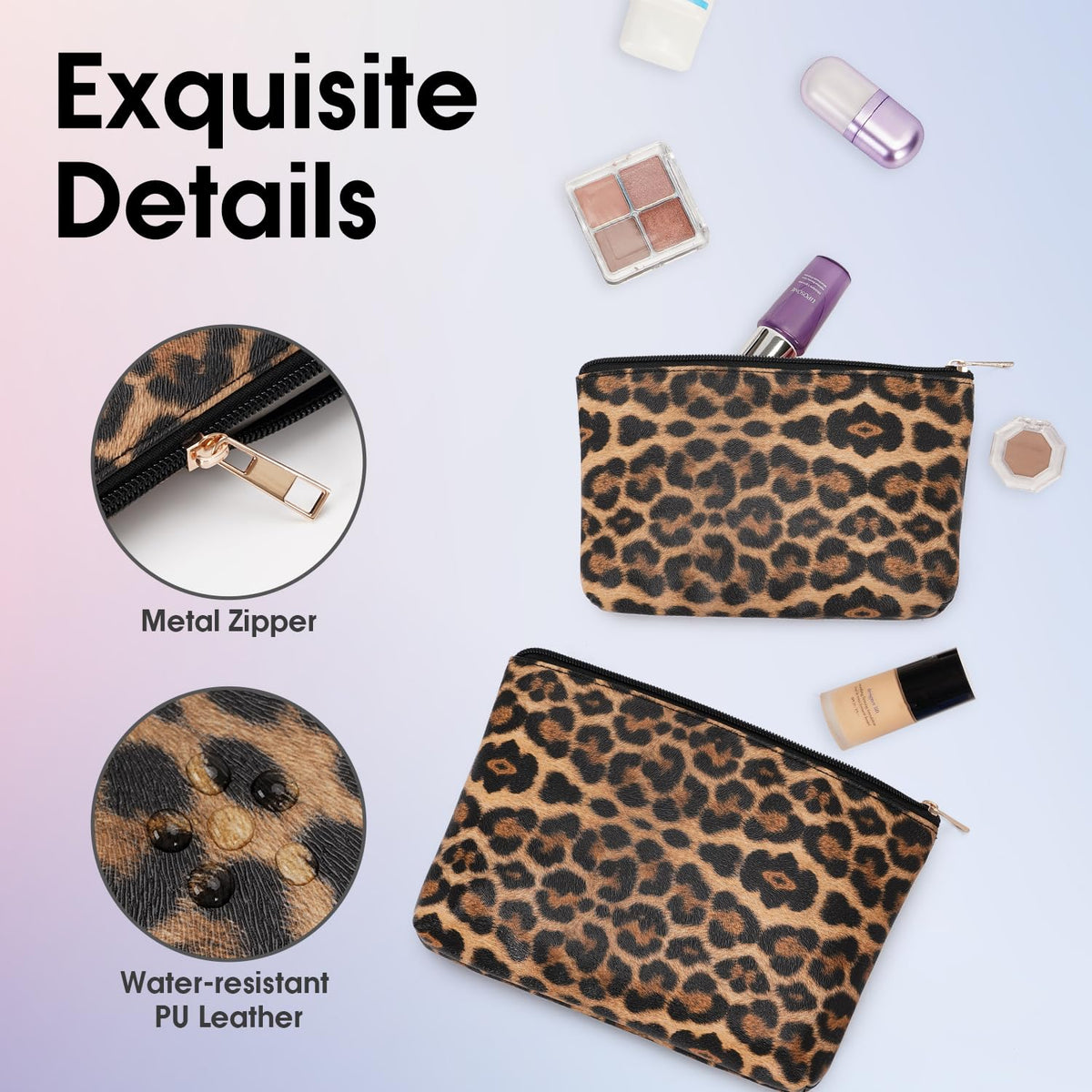 Wandering Nature Small Makeup Bag, 2 Pack, Brown Leopard Print
