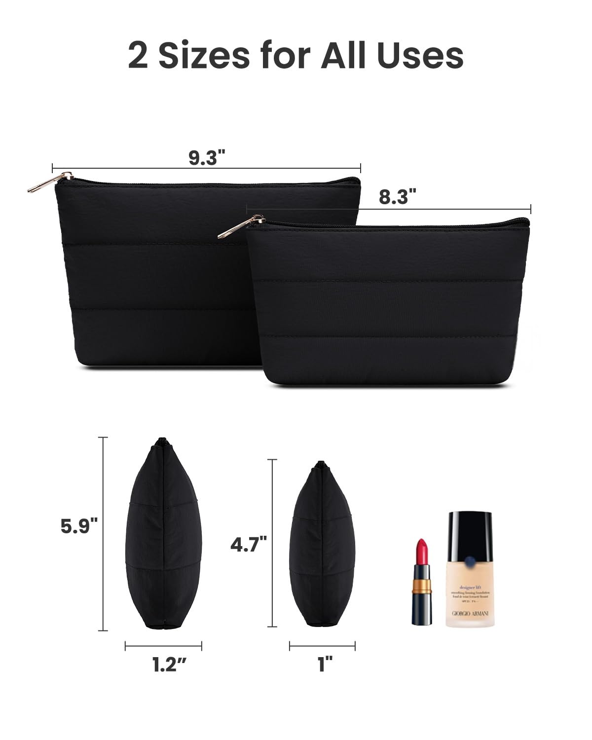 Wandering Nature Small Makeup Bag 2 Pack Cosmetic Bag for Purse, Puffer Quilted Makeup Pouch, Cute Travel Pouch with Zipper for Women, Black