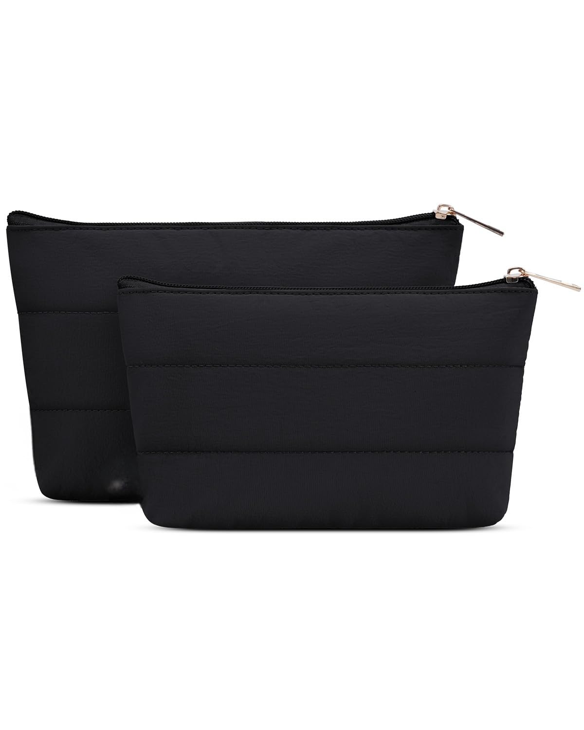 Wandering Nature Small Makeup Bag 2 Pack Cosmetic Bag for Purse, Puffer Quilted Makeup Pouch, Cute Travel Pouch with Zipper for Women, Black