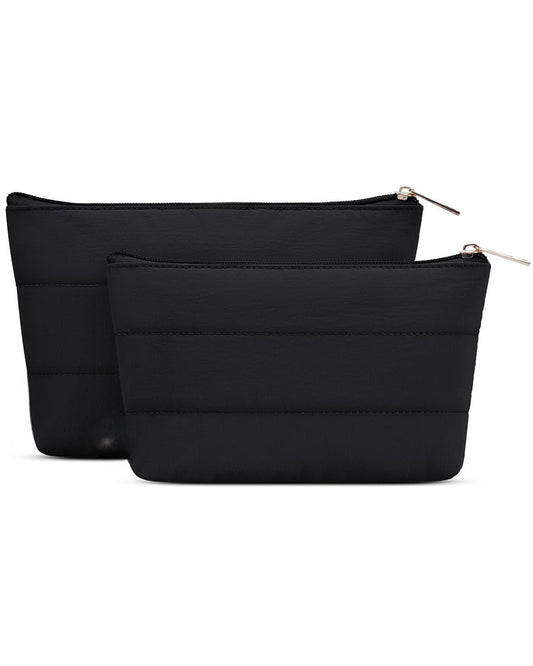 Wandering Nature Small Makeup Bag 2 Pack Cosmetic Bag for Purse, Puffer Quilted Makeup Pouch, Cute Travel Pouch with Zipper for Women, Black