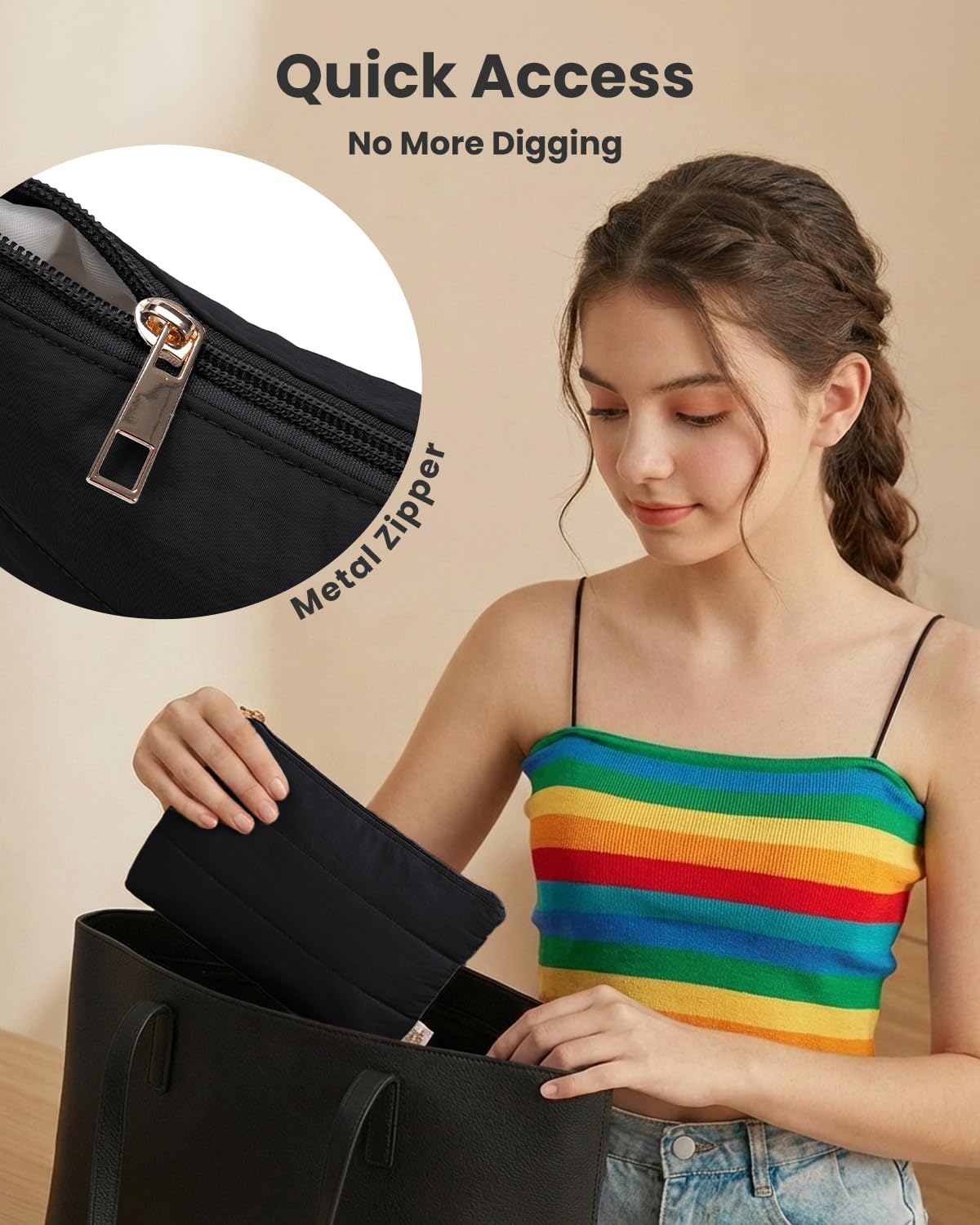 Wandering Nature Small Makeup Bag 2 Pack Cosmetic Bag for Purse, Puffer Quilted Makeup Pouch, Cute Travel Pouch with Zipper for Women, Black