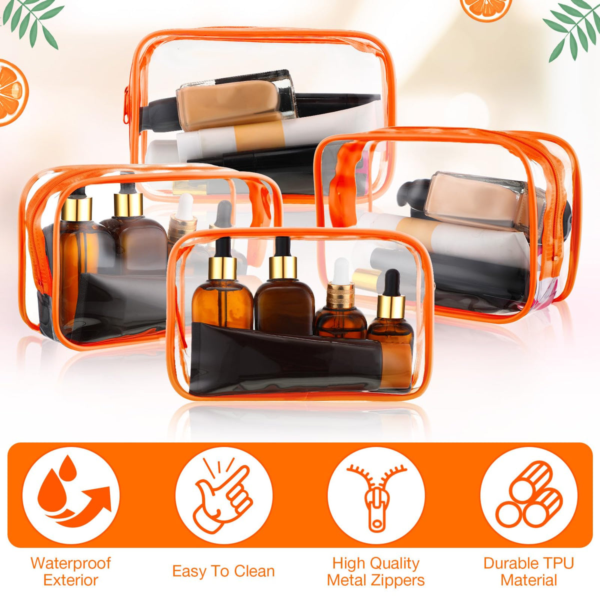 Weewooday 12 Pcs Clear Cosmetic Bags PVC Zipper,Small,Orange